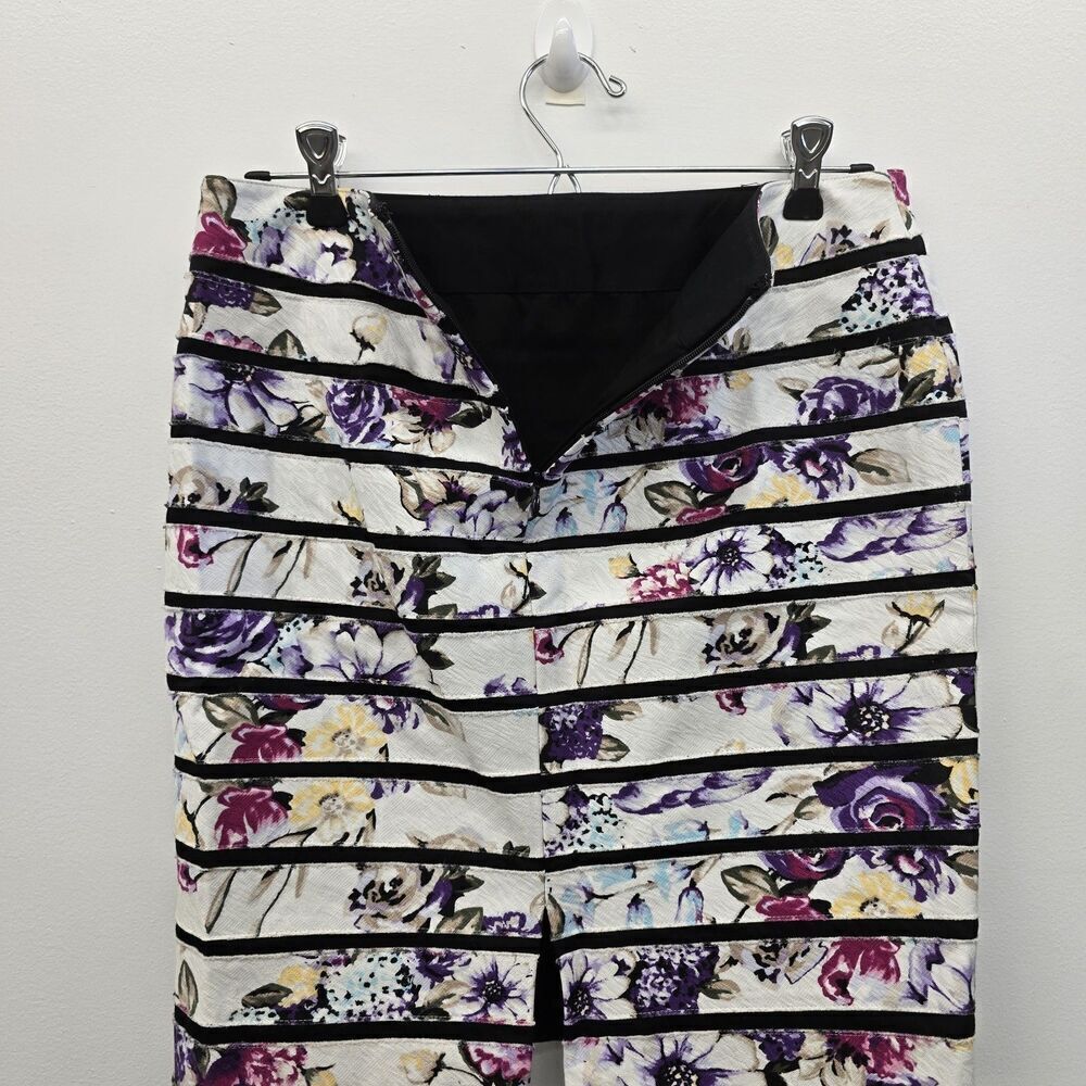 White House Black Market Sz 2 Wht Floral Print Striped Pencil Skirt Raw Edge A5 - Picture 5 of 10